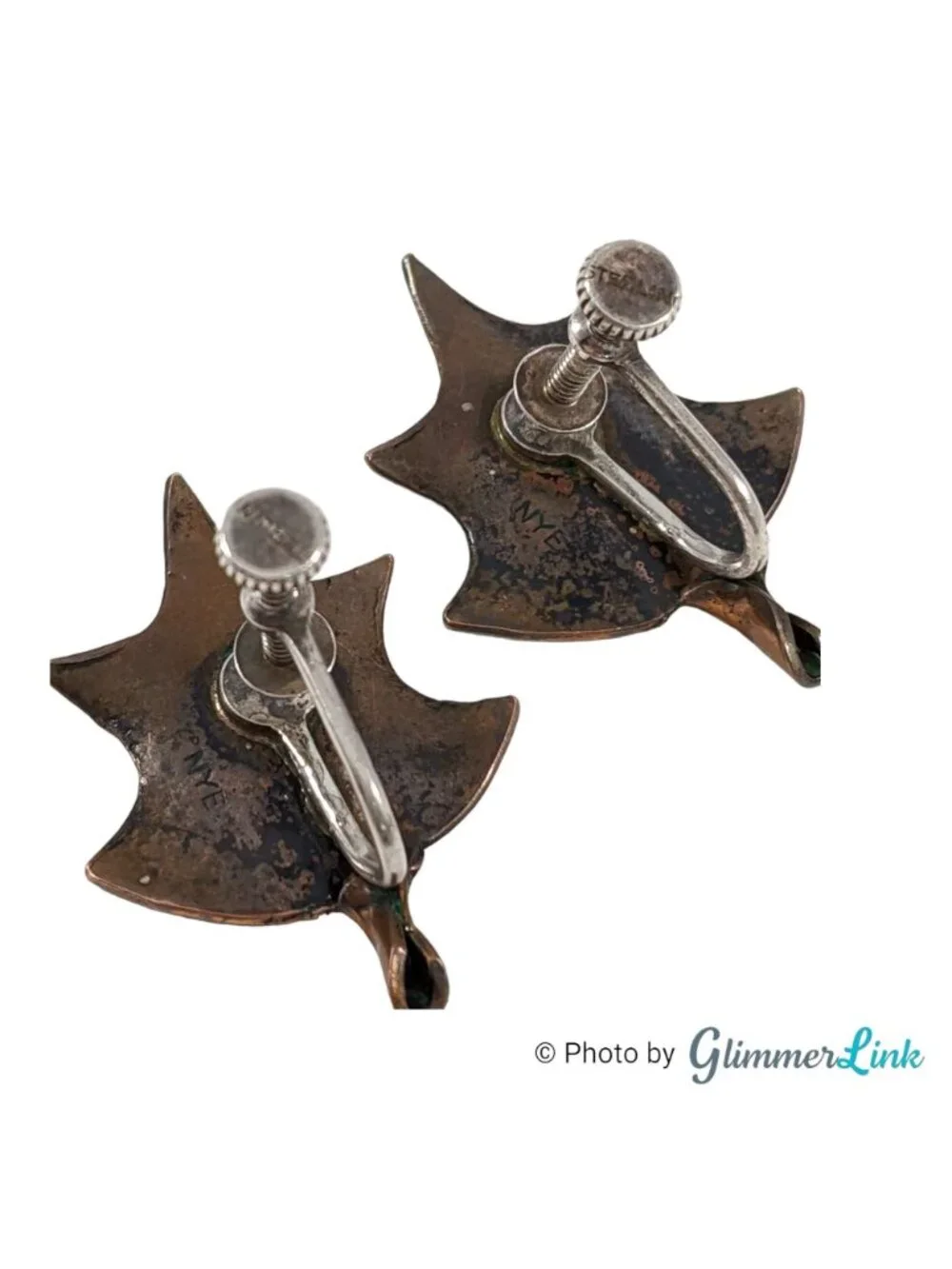 Vintage Stuart NYE Copper Sterling Silver Leaf Screw Back Earrings